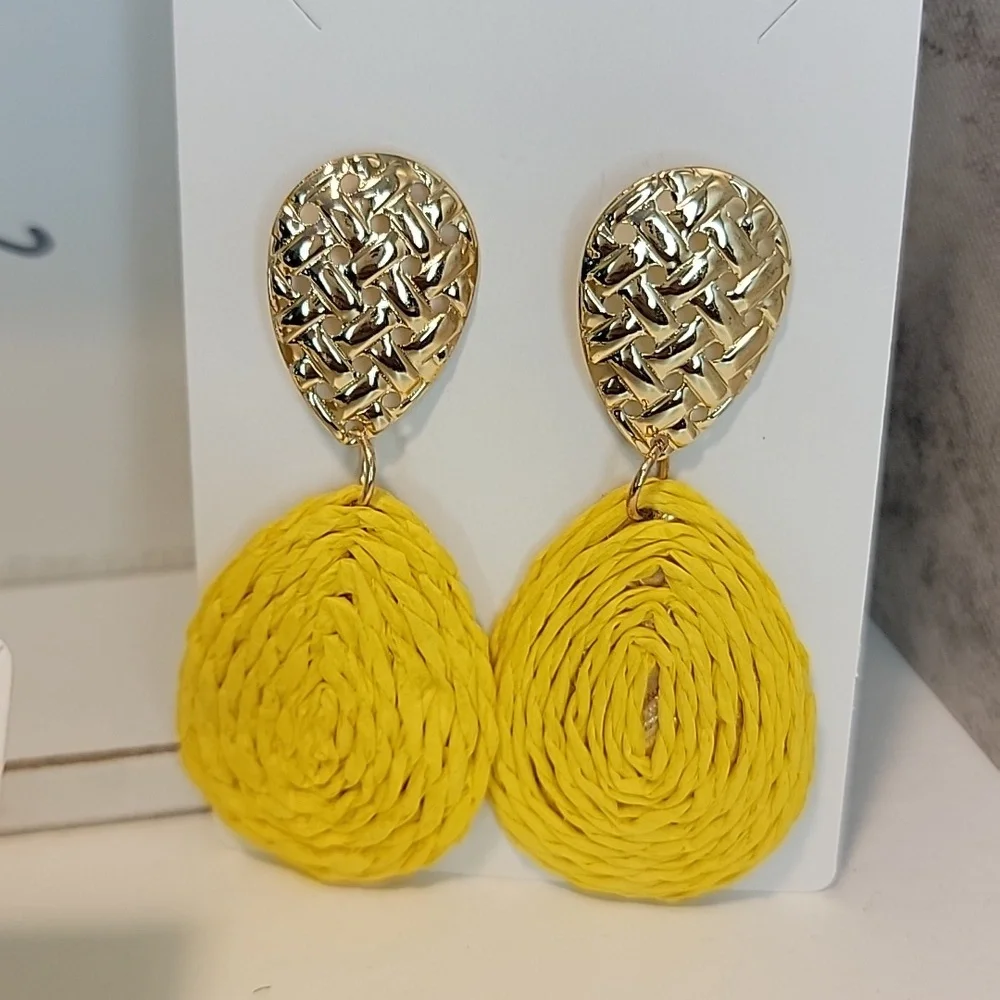 Boho Earrings Raffia Wrapped Teardrop Dangle Green Purple Orange Yellow Brown